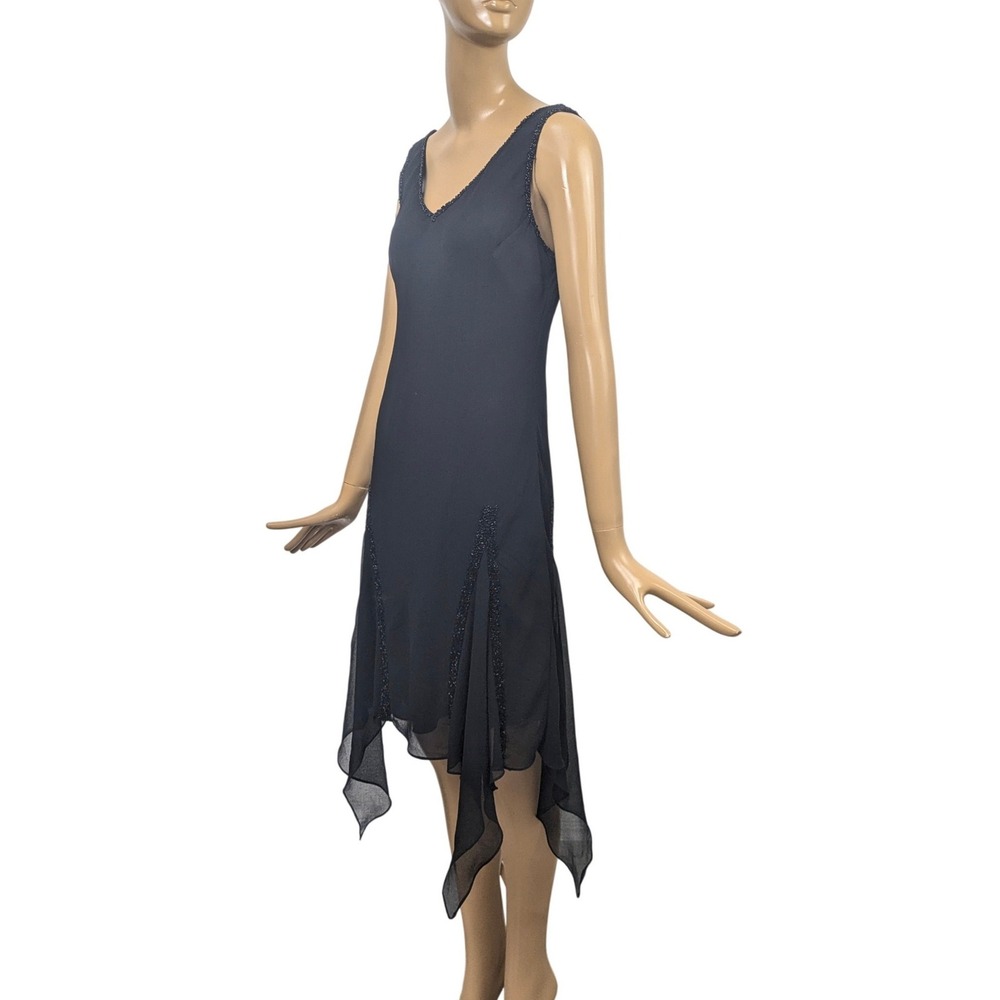 JKARA Black Beaded V Neck Sleeveless‎ Asymmetrical Hem Midi Dress Size 14